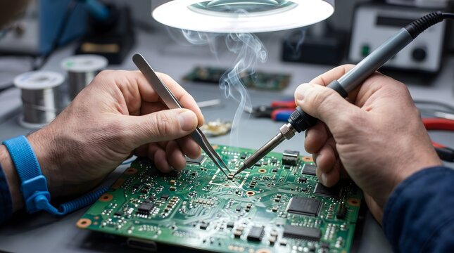 Teknisi Menyolder Komponen Papan Sirkuit Elektronik Hijau dengan Pinset