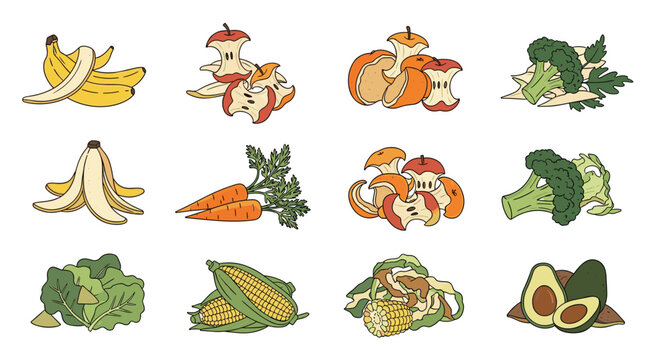 Twelve distinct illustrations of organic food waste items including vegetable stalks and fruit pits arranged in a neat grid pattern.