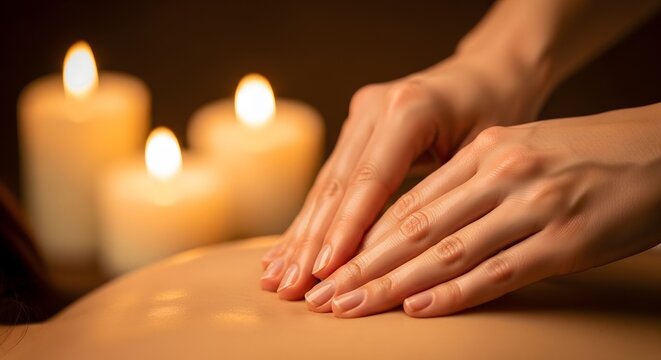 Therapist hands giving relaxing back massage with warm candle light