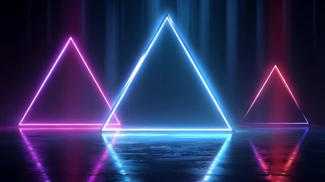Abstract futuristic neon triangles glowing with blue light in dark smoky room creates cinematic digital atmosphere for electronic music background and modern virtual reality technology stage.