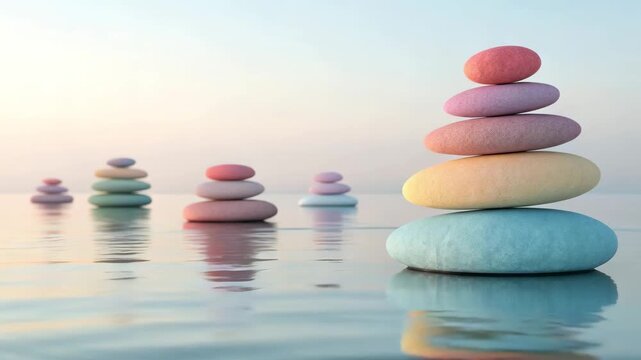 Zen stone stacks balancing on rippling water during golden hour with soft bokeh