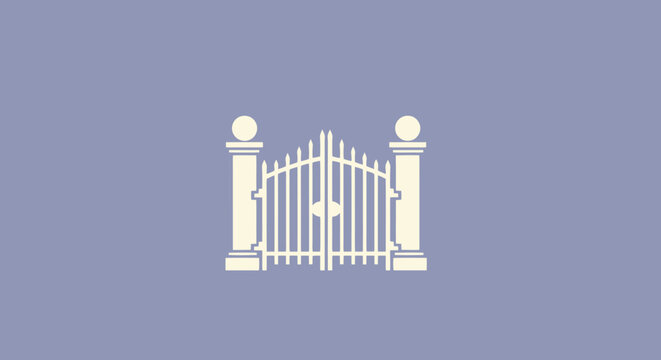 Minimalist gate pillar and fence silhouette on purple background for estate