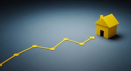 Upward yellow graph line points toward an origami house, symbolizing real estate market growth and property investment success.
