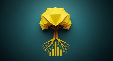 Yellow origami tree grows roots shaped like a bar chart, symbolizing sustainable financial growth and strong business foundations.
