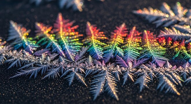 Rainbow colored frost on ground surface.