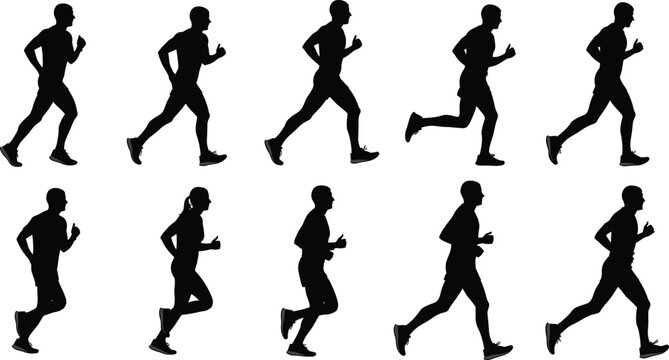 Running Athlete Silhouette Vector Illustration Set with Male Jogging Pose Action Sequence for Fitness Sports Exercise and Health Lifestyle Design