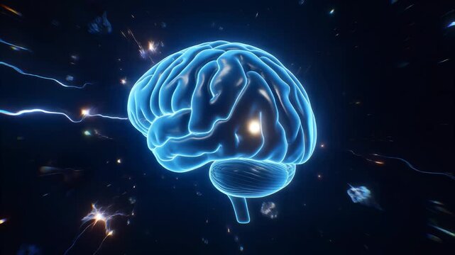 Luminous blue abstract brain pulsating with electrical energy and light particles in a dark cosmic void, symbolizing intelligence, thought, connection, and neural activity