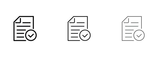 Minimalist document checkmark icons set, black line paper file with check mark symbols, approved contract and verified report vector graphics © Najma