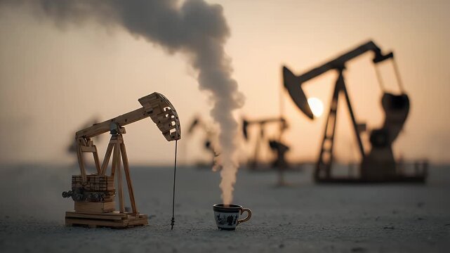 Wooden miniature pump jack sits next to steaming cup of coffee in desert landscape with industrial oil field silhouette at sunset creating metaphor for energy industry and morning routine fuel.