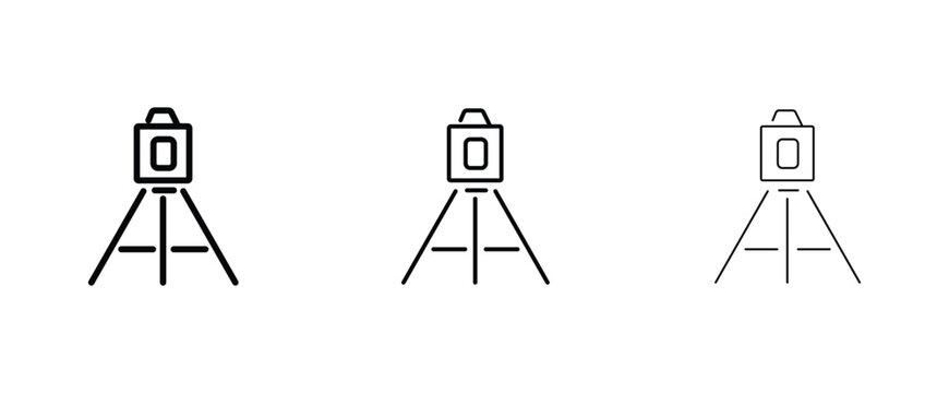 Laser level icon set on tripod, construction surveying tool vector, professional engineering equipment symbols in different line weights
