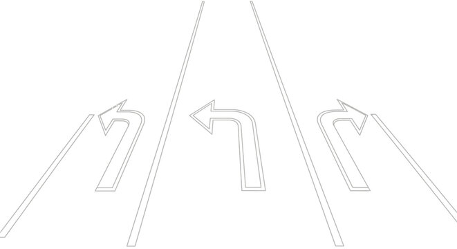 Road markings, arrows indicating directions for traffic lanes, graphic design, perspective view