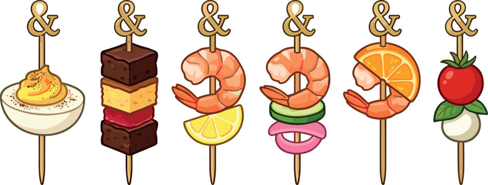 Colorful Cartoon Illustration Set of Party Appetizers and Hors d'oeuvres on Skewers Including Shrimp Deviled Eggs and Caprese Isolated on White