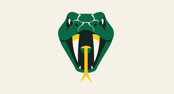 Stylized snake head illustration in green and yellow on cream background