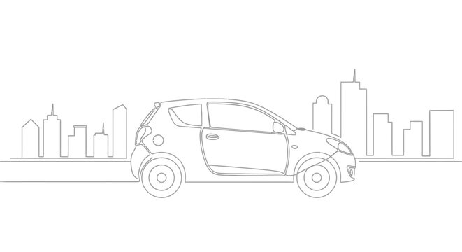 Modern compact car driving on a city street with minimalist skyline background, line art style.