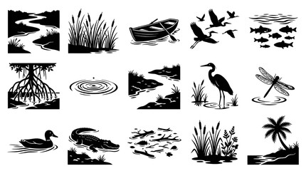 Fototapeta premium Black and White Vector Icons of Wildlife and Nature Elements