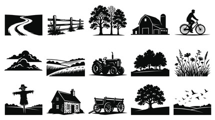 Obraz premium Rural Farm Landscape Icons Set - Black and White Vector Silhouettes