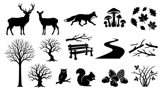 Autumn Woodland Silhouettes: Deer, Fox, Squirrel, Trees, Mushrooms, Bench