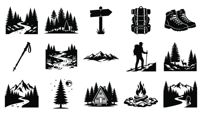 Black and White Camping and Hiking Icons Set - Vector Art