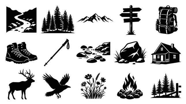 Black  White Icons Set for Hiking and Camping: Mountains, Backpack, Boots, Fire