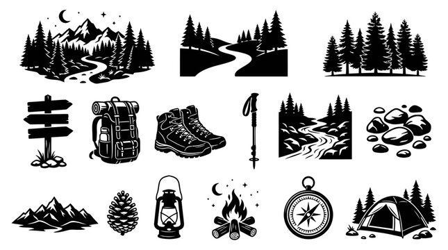 Black and White Vector Icons: Camping, Hiking, Nature, Outdoors Adventure