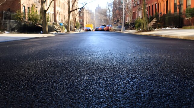 Low angle view of a paved city street with residential buildings.