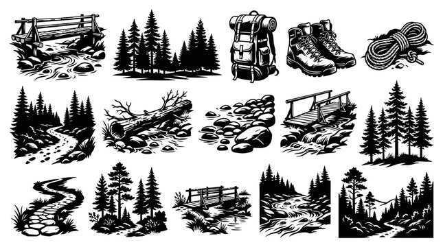Black and White Line Art of Camping and Hiking Equipment and Nature Scenes