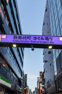 Tokyo, Japan - March 21, 2019: Kabukicho Sakura dori Street entrance arch is shown in Tokyo, Japan. Kabukicho is an entertainment district in Shinjuku, Tokyo. 