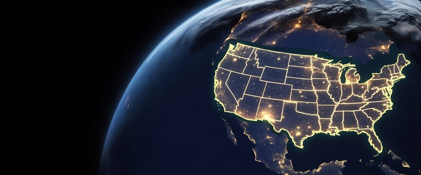Illuminated United States map from space at night, glowing cities over North America continent