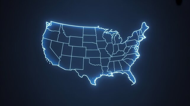Glowing Neon Outline Map of United States of America States Digital Art