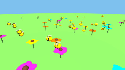 Naklejka premium Spring Nature Landscape With Honey Bee And Flowers Pollination Ecosystem Illustration
