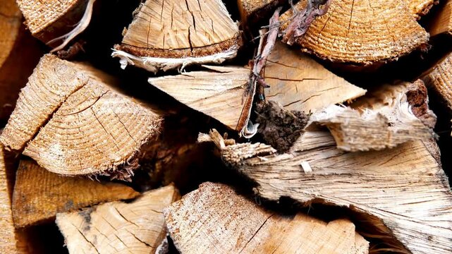 Panning shot of Pile of wood logs storage for background Firewood stacked and prepared for winter 4k UHD quality  Supplies of firewood in village