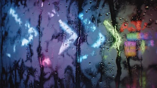 Bright neon arrows flash through a fogged window with rain droplets during a night scene in a city setting