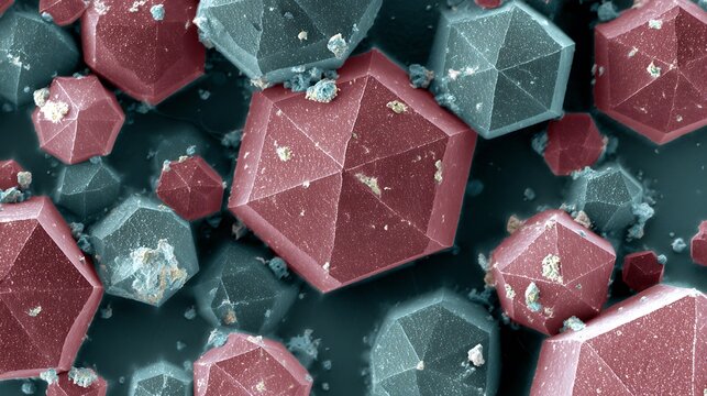 Scanning electron microscope image of hexagonal mineral crystal structures.