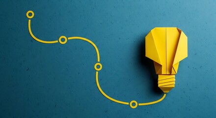 Yellow origami lightbulb connects to a winding node path, symbolizing the journey of creative ideas and innovation process.