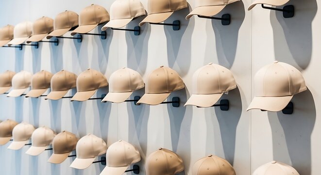 Collection of Baseball Caps Displayed on a White Wall.