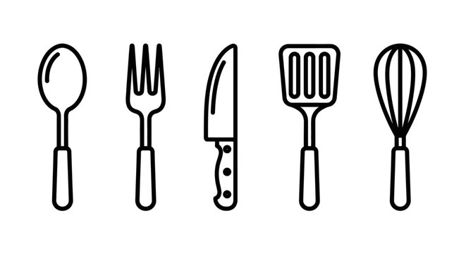 Outlined kitchen utensils spoon fork knife spatula whisk in black and white