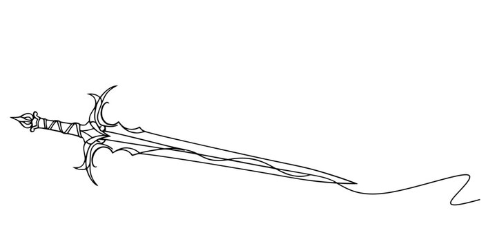 Fantasy Sword Line Art, Detailed continuous-line drawing of an ornate fantasy sword with decorative blade patterns, wing-like guard, and flowing energy line, symbolizing strength and imagination.
