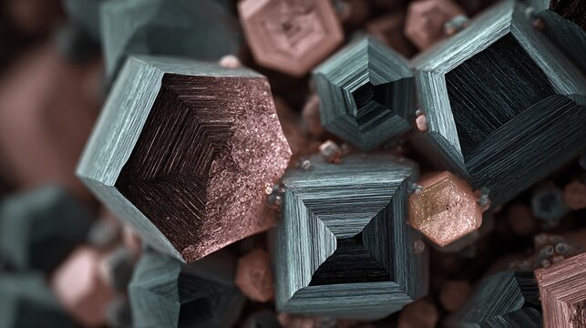 Macro view of metallic cubic crystals forming geometric shapes.