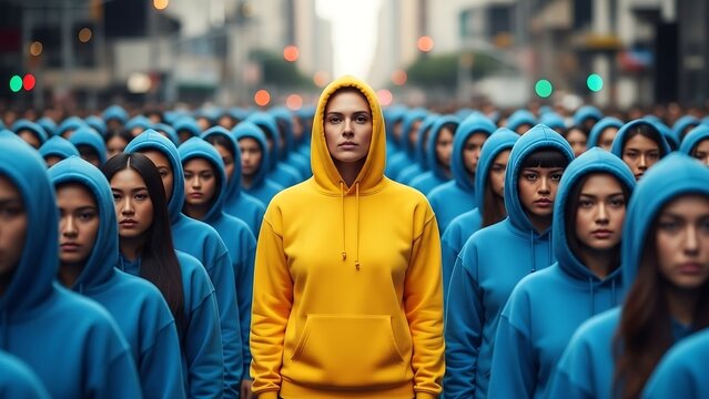 Man in yellow hoodie standing out.