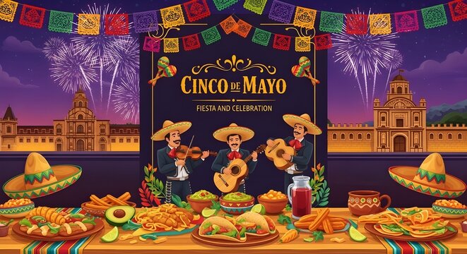 Cinco de Mayo celebration with a smiling mariachi trio, traditional Mexican food, sombreros, papal picador and fireworks over historic buildings, creating a lively, festive and cultural party scene