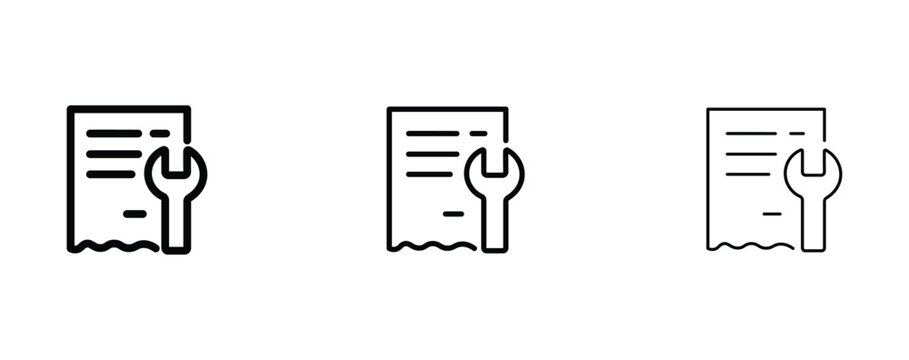 Minimalist technical documentation icons, document with wrench symbol for manual and repair instructions, black line art vector set