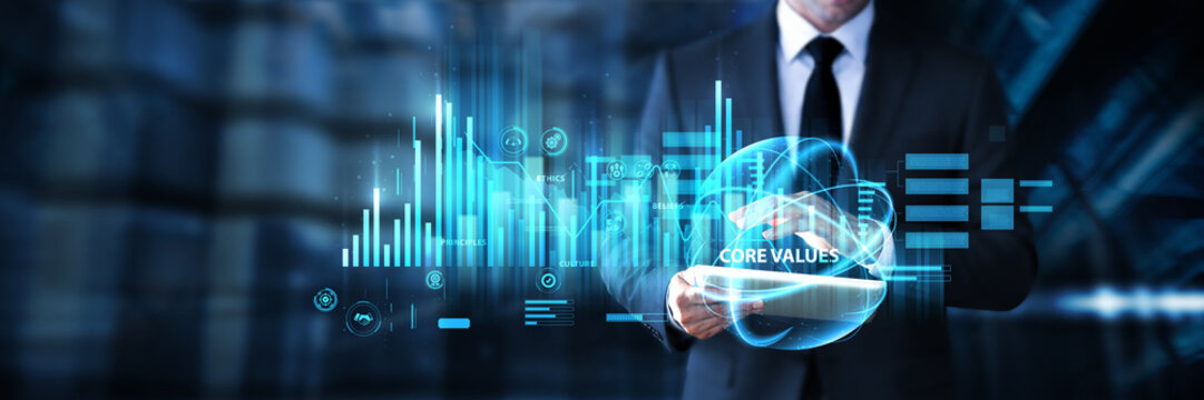 Businessman using tablet for core values data and network analysis, aligning business principles, strengthening corporate culture, improving transparency, and supporting ethical decision making.