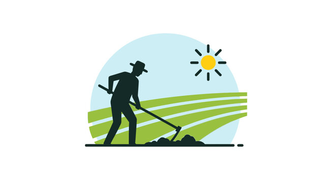 Farmer with livestock beside well under clouds in a vector line art style