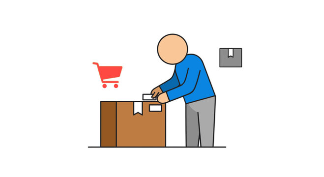 Person packing box, shopping cart icon