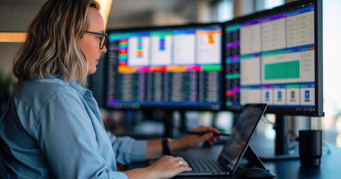 Financial analysis and investment strategy woman analyzing stock market data on multiple computer screens. High quality photo