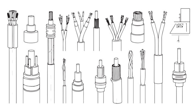 Various audio cable ends in line art style with black and white coloring on plain background for technical documentation