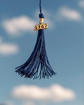 Graduation year aspirations academic success and future goals blue tassel with gold date charm against a sky background. High quality photo