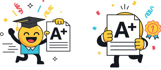 Fototapeta premium Happy Graduate Emoji Characters Holding A Plus Papers with Academic Success Celebration Vector Illustration Set Design