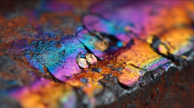 Macro close up of colorful heat tint oxidation on metal surface.