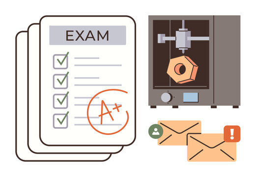 Education, technology, communication, academic performance, innovation, alerts. Stack of completed exams with checklist and A mark, 3D printer with object email icons. Education and technology